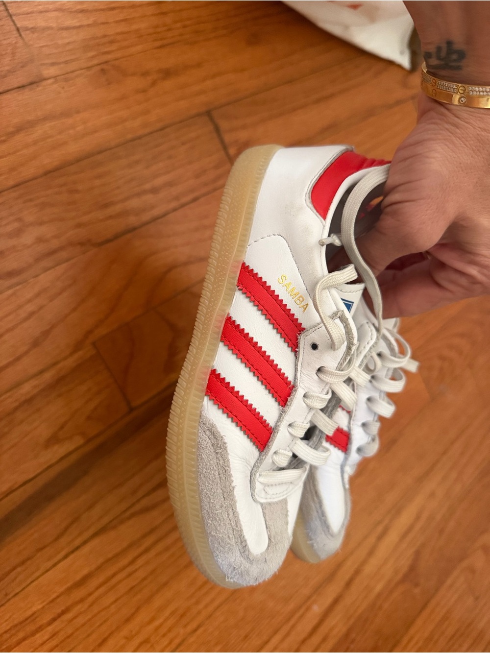 adidas Kids Samba Sneakers - White with Red Stripes and Gum Sole